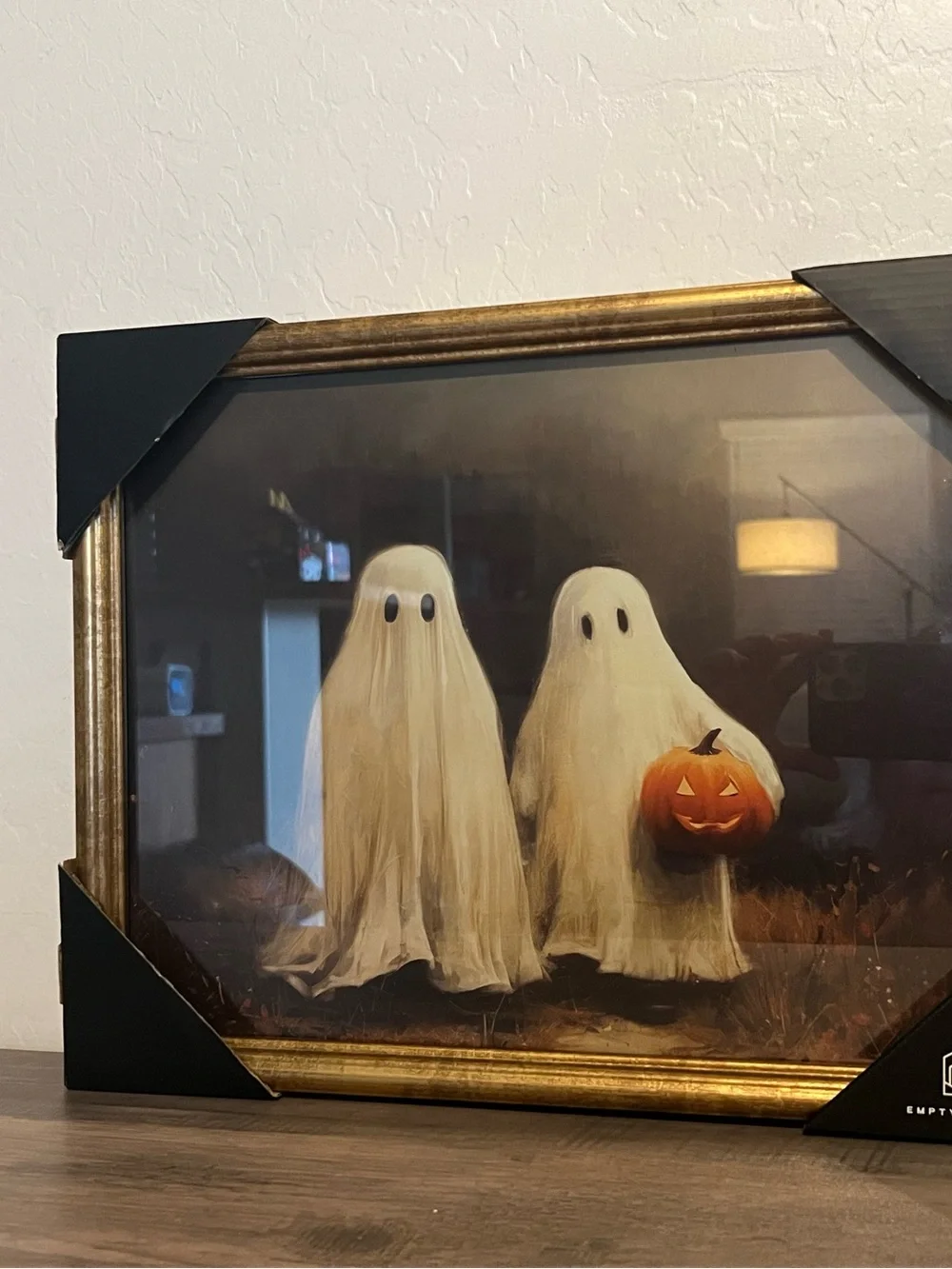 Haunted Ghosts Holding Pumpkin Halloween Print in Gold Frame -Empty Spaces